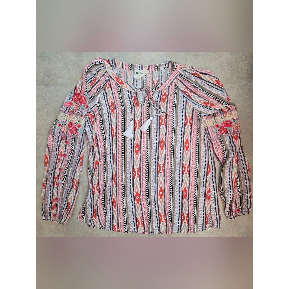 Savanna Jane Long Sleeve Multicolor Print Embroidered Boho Blouse Size L